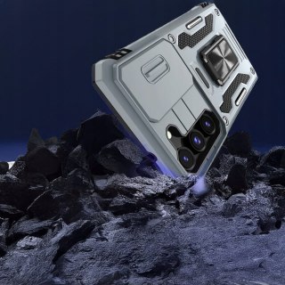 Etui do Samsung S21 Szare Wojskowe Pancerne Zamykana Osłona Aparatu Srebrny