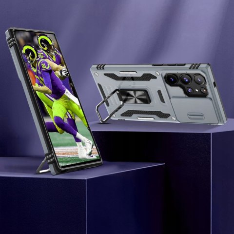 Etui do Samsung S21 Ultra Szare Srebrne Pancerne z Podstawką Wojskowe Szary
