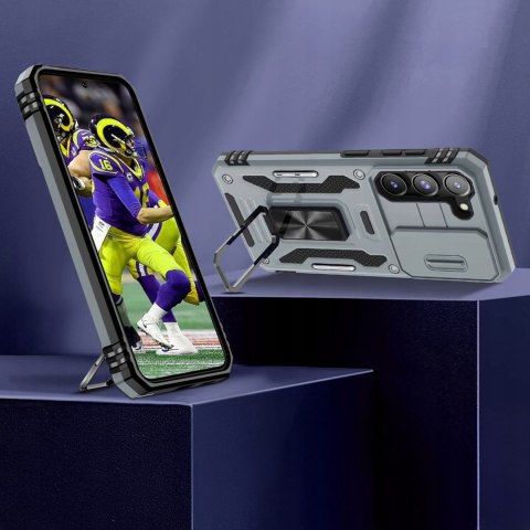 Etui do Samsung S23 Szare Wojskowe Pancerne Zamykana Osłona Aparatu Srebrny